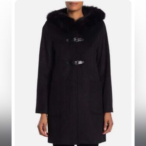 TRINA TURK Fox Fur Trim Wool Blend Coat BLACK Sz 4